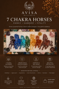 Handcrafted 7 Chakra Horses crystal wall art featuring vibrant chakra colors symbolizing balance, positivity, protection, and spiritual healing by Avisa Wellness.