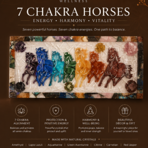 Handcrafted 7 Chakra Horses crystal wall art featuring vibrant chakra colors symbolizing balance, positivity, protection, and spiritual healing by Avisa Wellness.