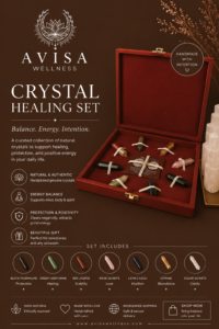 Luxury crystal healing set in a premium red velvet box featuring natural healing crystals for balance, protection, positivity, and spiritual wellness by Avisa Wellness.