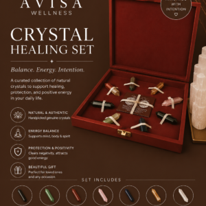 Luxury crystal healing set in a premium red velvet box featuring natural healing crystals for balance, protection, positivity, and spiritual wellness by Avisa Wellness.