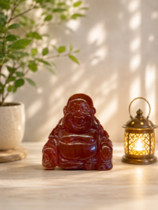 Natural Carnelian Crystal Laughing Buddha Statue displayed on a wooden tabletop with a warm beige background, decorative green plant, and softly glowing lantern.