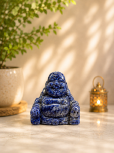 Lapis Lazuli Crystal Laughing Buddha Statue displayed on a marble tabletop with a warm beige background, decorative green plant, and softly glowing lantern.