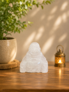 Handcrafted Clear Quartz Crystal Laughing Buddha statue with a polished transparent finish displayed on a wooden table beside a ceramic plant and decorative lantern in a warm, elegant home décor setting.