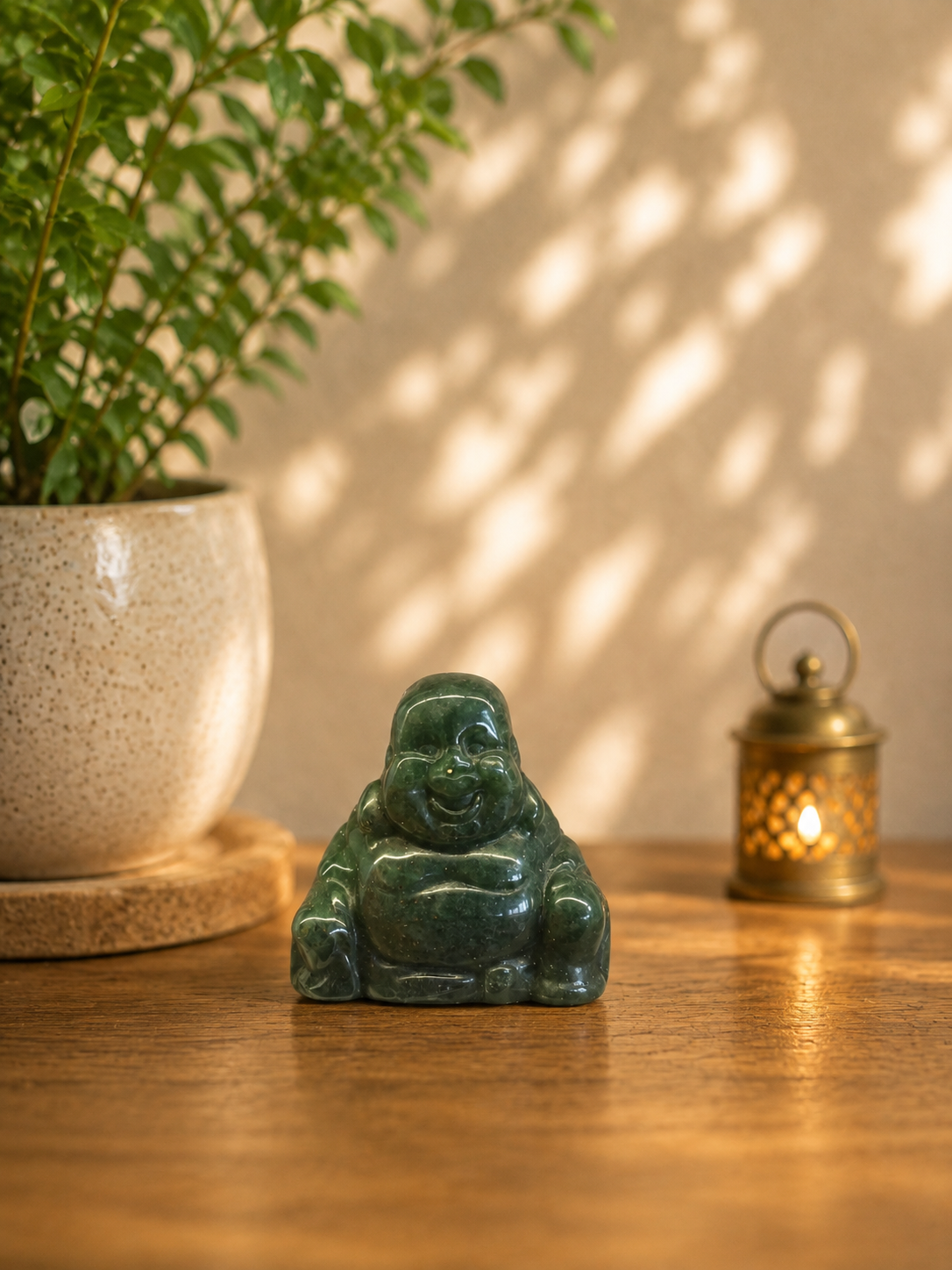 Polished Green Aventurine Crystal Laughing Buddha statue placed on a wooden table with a ceramic plant pot and decorative lantern in a warm, elegant home décor setting.