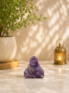 Natural Amethyst Crystal Laughing Buddha Statue displayed on a marble tabletop with a warm beige background, decorative green plant, and softly glowing lantern.