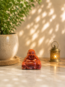 Natural Red Jasper Crystal Laughing Buddha Statue displayed on a marble table with a warm beige background, decorative green plant, and softly glowing lantern.