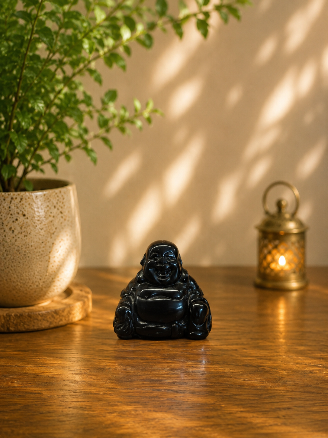 Natural Black Obsidian Crystal Laughing Buddha Statue displayed on a wooden tabletop with a warm beige background, decorative green plant, and softly glowing lantern.